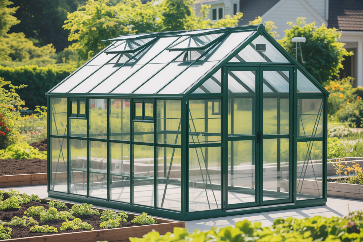 Greenhouse in backyard garden with raised beds